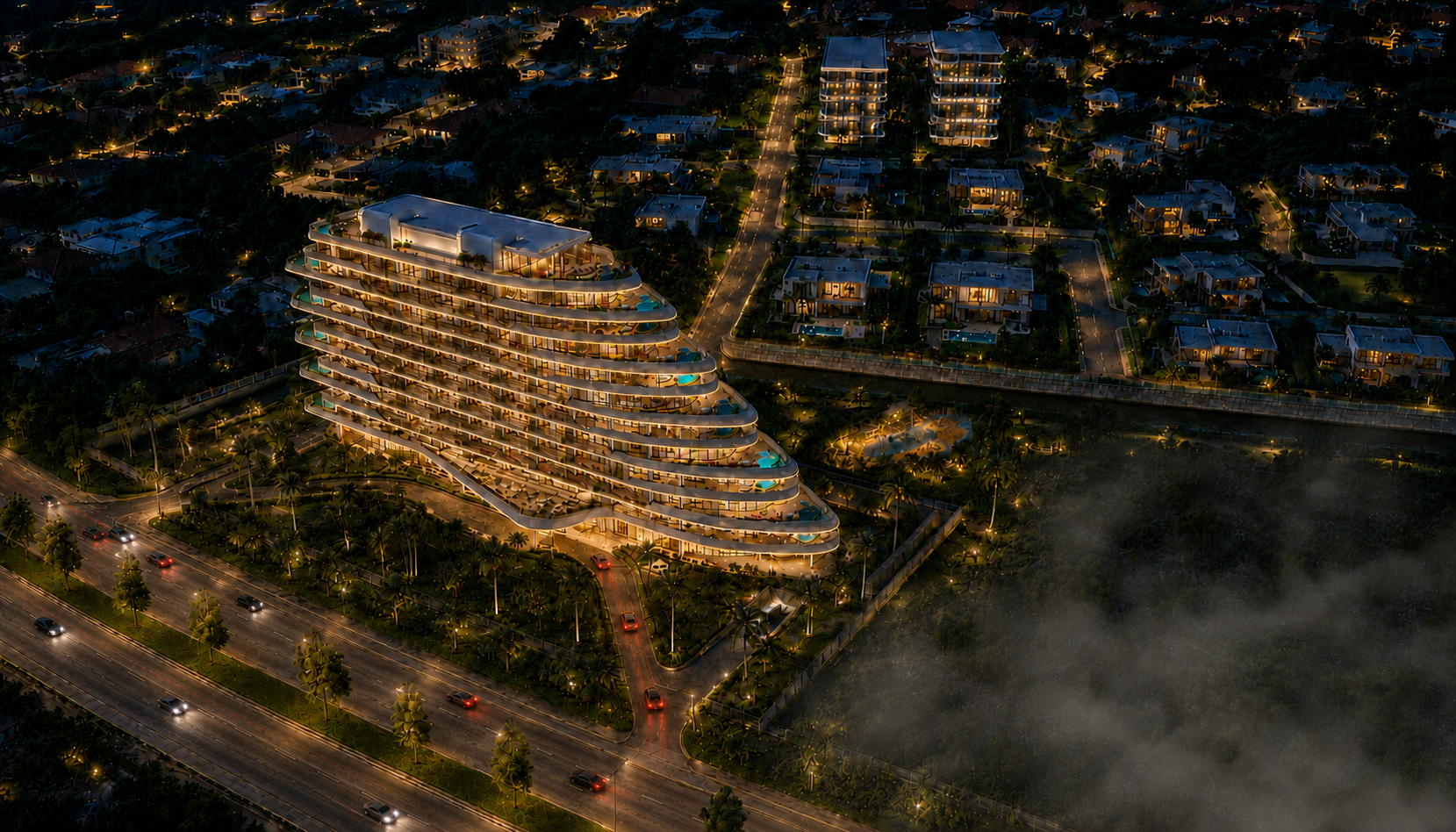 Night axonometric rendering of ONE MAITAMA in Maitama, Abuja