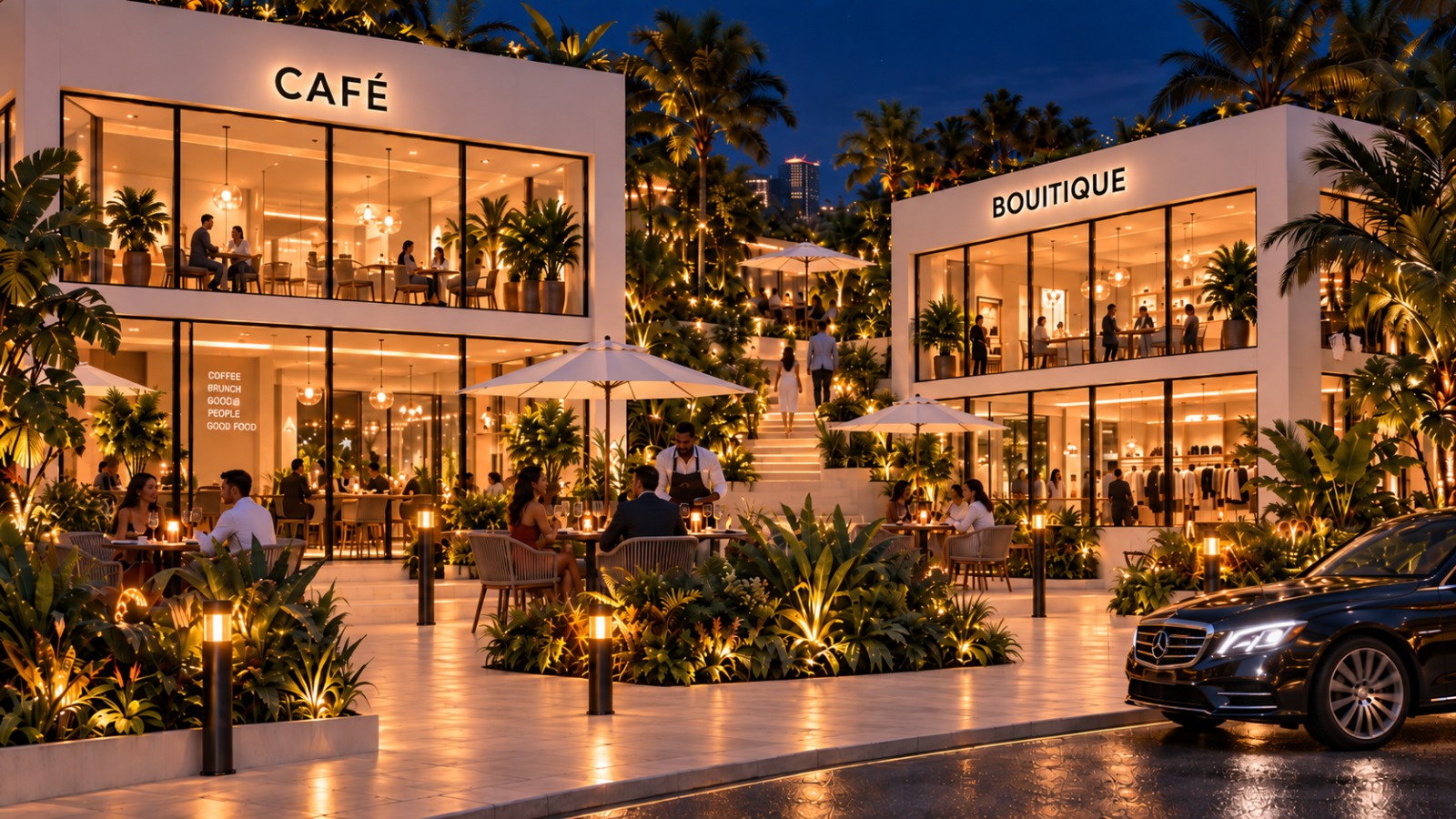ONE MAITAMA Promenade evening retail and dining atmosphere