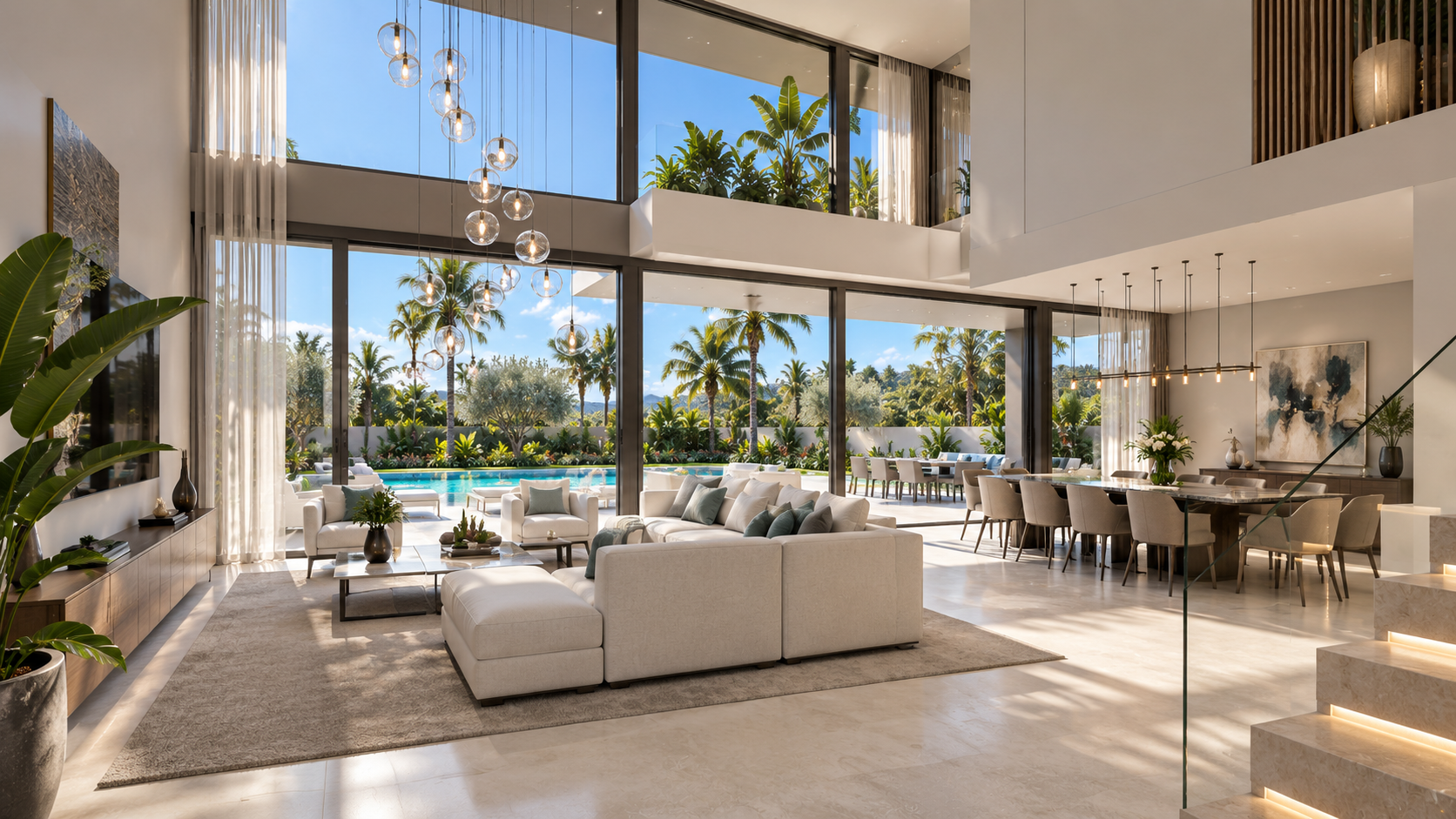 ONE MAITAMA villa double-height living and dining interior